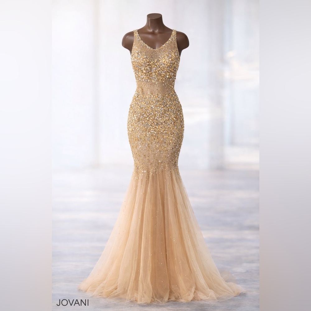 Jovani Gold & Nude Sequin Open-Back Mermaid Gown | NWT, Size 4